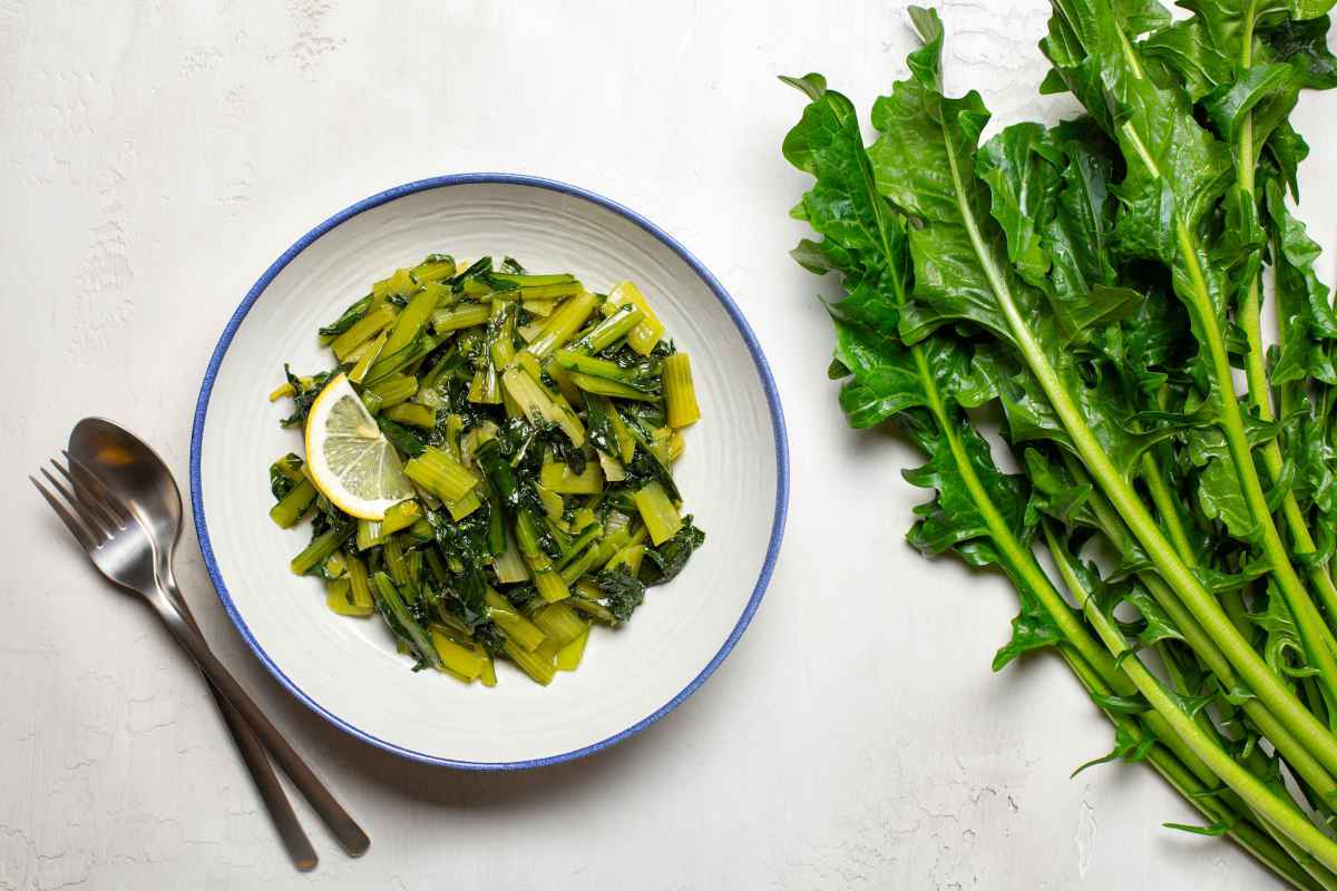 piatto con cicoria al limone e cespo di catalogna cruda