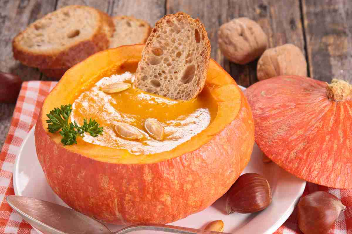 creme vellutate autunnali di zucca in guscio di zucca