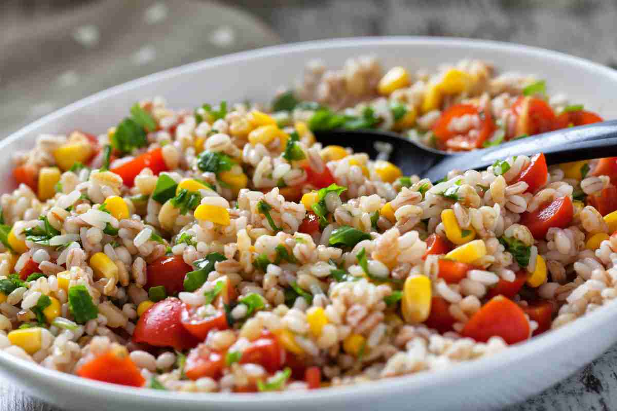 Insalata fredda di orzo in una ciotola bianca